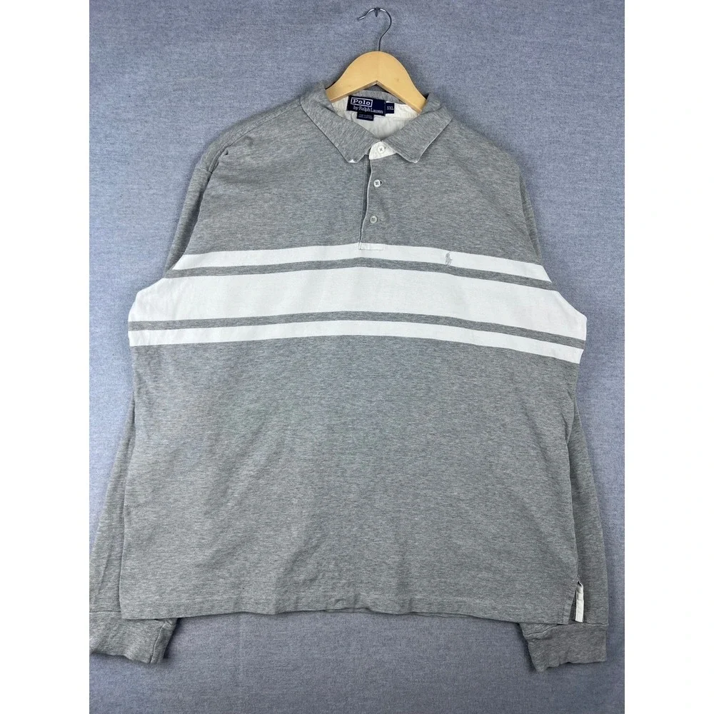 Polo Ralph Lauren Mens XXL Grey White Striped Long Sleeve Polo Shirt‎ Cotton